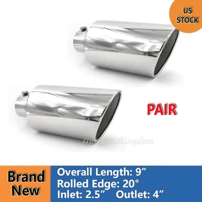 Pair Truck Exhaust Tip 2.5  Inlet 4  Outlet 9  OL Stainless Steel Fits Bolt-On • $43.99