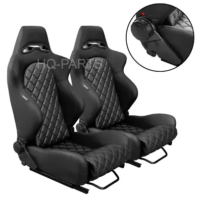 2 Tanaka All Black Pvc Leather Racing Seat Reclinable Diamond Stitch For Mustang • $317.12