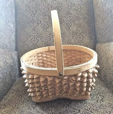 BASKET Bail Handle VTG Penobscot Splint Porcupine 14  ROUND  Shelf DISPLAYED  • $45