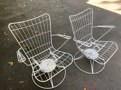 Pair Of Vintage Mid-century Modern Wire Homecrest Swivel Patio Chairs White • $595