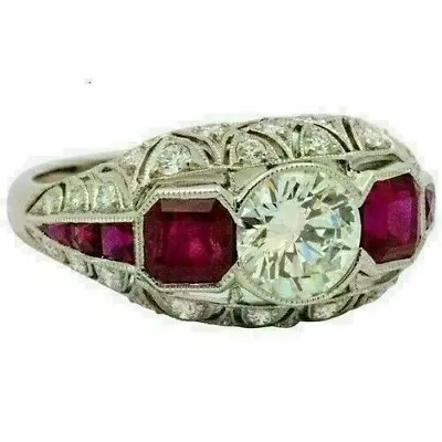 3Ct Round Cut Simulated  Diamond Ruby Perfect Vintage Ring 14K White Gold Over • $123.73