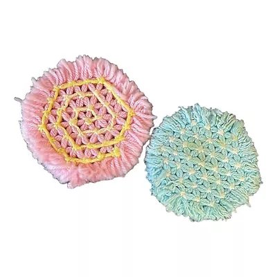 Vintage Crochets Circular Web Star Pattern Potholders Trivets Blue N Pink Thick • $8.98