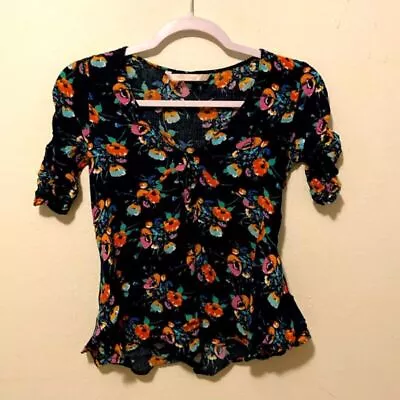 53-2 ZARA TRAFALUC Black Multicolor Floral Peplum Hem Ruched Sleeve Top XS • $18