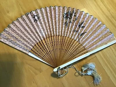 Vintage  Paper And Wood Hand Held Folding Fan Sparkly Edges Original Box • $9.99