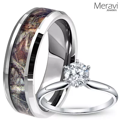 🔥Mens Tungsten Oak Forest Mossy Camo Band Women CZ Sterling Silver Wedding Ring • $37.90