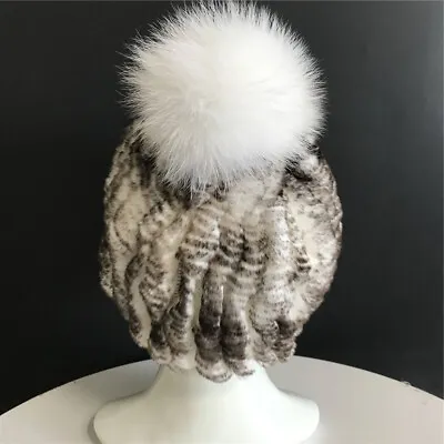 Knitted Stretch Real Rex Rabbit Fur Hat Beanie Cap Ski Cap W Fox Fur Ball -310 • $15.91