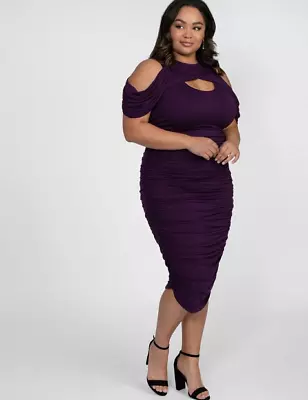 Kiyonna NWT Bianca Ruched Cocktail Dress Womens 2X Purple Midi Bodycon Stretch • $38.94