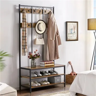£68.99 • Buy Industrial Coat Rack Shoe Bench Metal Hall Tree Stand With 12 Hooks For Entryway