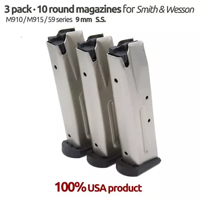 3 Pack Smith& Wesson 59/459/910/915/Marlin Camp 9 10 Round S.S Magazines • $45