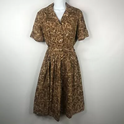 Vintage 50s Mode O Day Brown Beige Floral Belted Cotton Day Dress Size 14  • $73.50