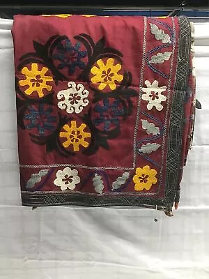 Vintage Red Suzani Uzbek Tapestry Wall Hanging Hand Embroidered Boho 72  58  • $67.70