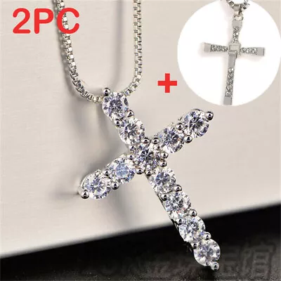 2x Crystal Cross Pendant Chain Necklace 925 Silver Jewellery Necklaces Men Women • £3.49