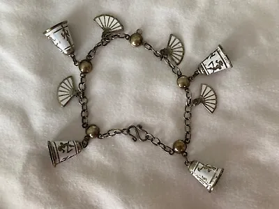 Vintage Siam Sterling Silver Charm Bracelet With Bells And Fans • $17