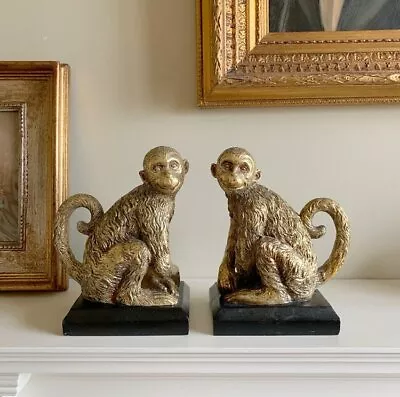 Pair Antique Gold Monkey Bookends Resin Golden Distressed Finish Home Office 19c • $59.95