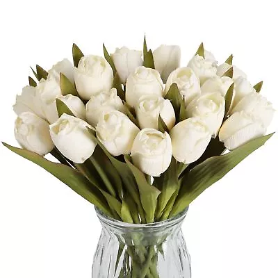 24PCS White Tulips Artificial Flowers 13.8  Vintage Fake Silk Tulips Flowers ... • $26.38