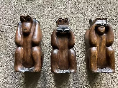 Set Of Three Hand Carved Wooden Monkeys See Hear Speak No Evil • $25