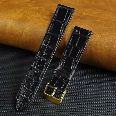 Black Watch Band Men Alligator Crocodile Watch Strap Flat Leather Gold Buckle • $33.99