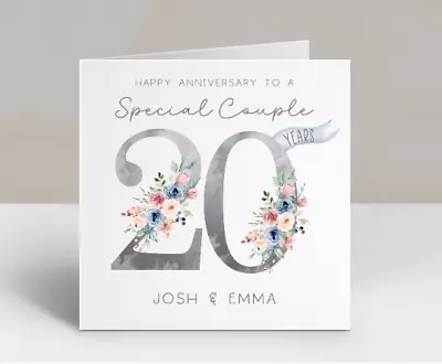 Personalised 20th Anniversary Card - 20 Years - Silver  Floral - China Wedding • £3.79