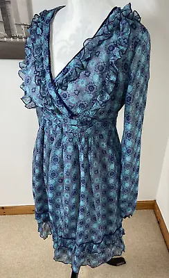 Joe Browns Frilly Shift Dress Blue Chiffon Size 10 Crossover Floral Ruffled Hem • £14.88