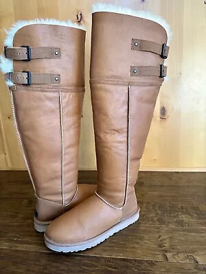 UGG OVER THE KNEE DEVANDRA BOOTS 10 CHESTNUT HOLOGRAM WORN 1x FUR BUCKLE RARE • $399