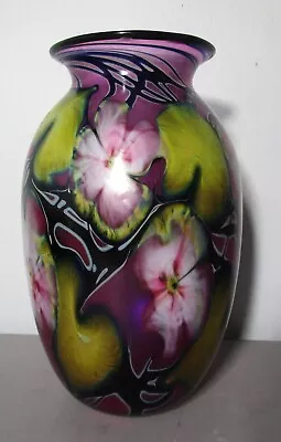 Large 11  Signed CHARLES LOTTON Multi-Flora Purple Art Glass Vase  Dated 1990 • $1800