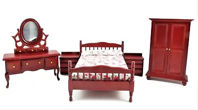 Dolls House Mahogany Double Bedroom Furniture Set With Spindle Bed Frame • $61