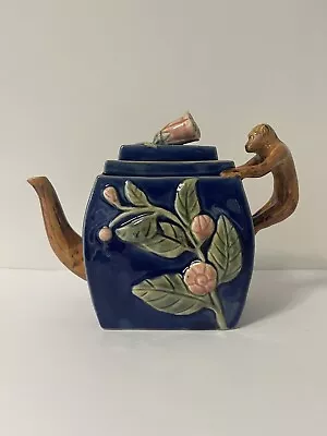 Henricksen Imports Ceramic Magnolia Floral Monkey Teapot Blue Majolica Style • $34