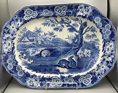 £495 • Buy Antique Pottery Pearlware  Blue Transfer Printed Platter  C1820 Grazing Rabbits