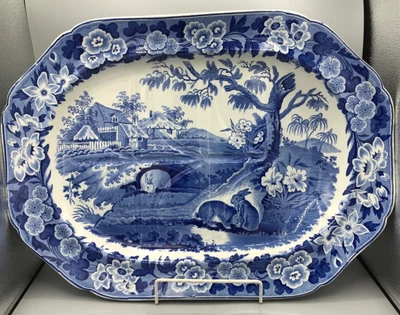 £495 • Buy Antique Pottery Pearlware  Blue Transfer Printed Platter  C1820 Grazing Rabbits