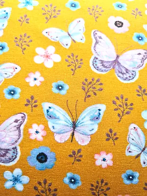 Printed Stretch Cotton Jersey Children's Knit Fabric Butterfly Flower Ochre • £3.49