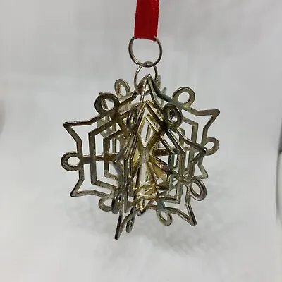 Vintage 3D Snowflake Christmas Ornament Metal Gold Silver Tone Red Ribbon Dangle • $10.53