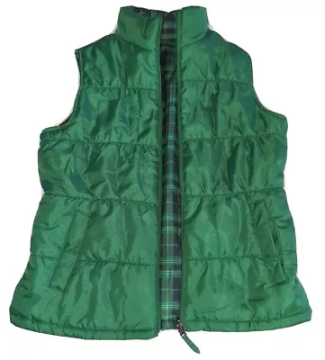 Merona Size M Puffer Vest Jacket Green Blue Plaid Pockets Zip Up Reversible • $27.19