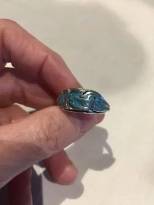 Vintage Men's Feather Ring Southwestern Silver Turquoise Inlay Size 9 • $44