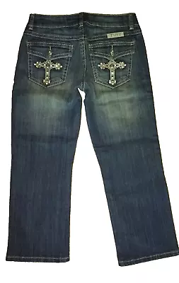Cowgirl Tuff Jeans Denim Womens 27/25 Blue Crop Victory Night Cross Rhinestones • $18.96