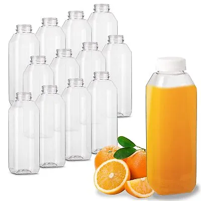 MT Products 16 Oz Empty Clear PET Plastic Juice Bottles With Caps - Set Of 12 • $23.99