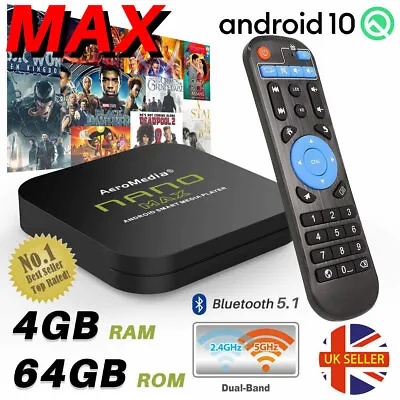£44.95 • Buy NANO MAX 4GB+64GB Android TV Box 10.0 HD Media Player 2.4/5GHz WiFi BT HDMI UK
