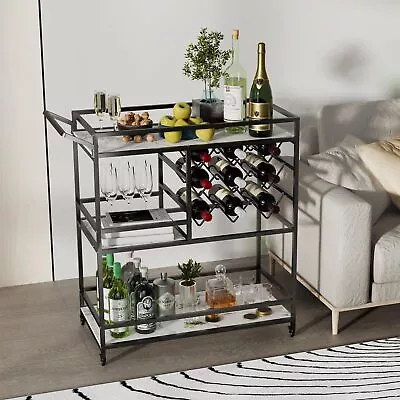 3-Tier Home Bar Cart With Wine Rack And Glass Cup Storage Mobile Serving Win... • $141.03