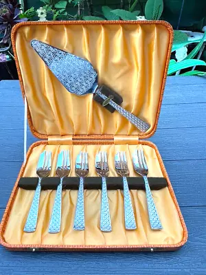 Vintage Retro Sheffield Stainless Chromium Plate 6 CAKE FORKS & SERVER • $32