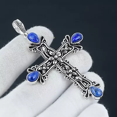 Cross Lapis Lazuli Silver Pendant Handmade 925 Sterling Silver Pendant • $14.99