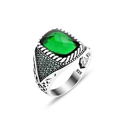 Mens Handmade Ottoman Square Emerald Ring  Silver Micro Green Stone Ring • $55
