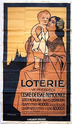 Original Vintage Poster KAREL SIMUNEK - LOTTERY- CZECH CHILDREN'S HOSPITAL- 1914 • $179