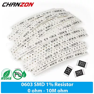 100pcs SMD SMT 0603 Resistor 1/10W Watt 1% Resistance Assorted Kit 0Ohm-10M Ohm  • $3.39