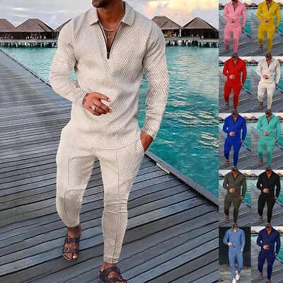 Men's 2 Piece Tracksuits Outfit Sweatshirt Casual Jogging Suits Athletic Set UK • £22.79