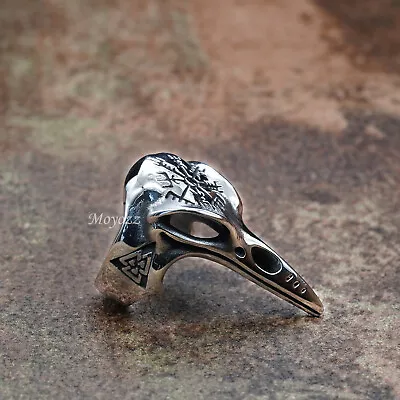 Mens Viking Raven Crow Skull Ring Stainless Steel Vegvisir Size 7-15 Gift • $7.99