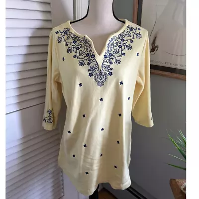 QUACKER FACTORY Womens Yellow Embroidered Embellished Tunic Top 3/4 Sleeve | M • $19.99