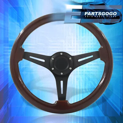 Universal 350mm 14inch Dark Wood Black Deep Dish Steering Wheel 6 Bolts Button • $53.99