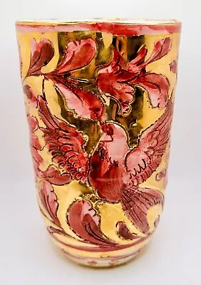 Vintage Hand Thrown Italian Vase Art Pottery Hummingbird Flower Heavy Gold Bird • $114.99