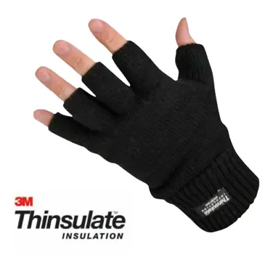 Mens Ladies THERMAL THINSULATE FINGERLESS GLOVES Knitted Wooly 3M Black • £4.99