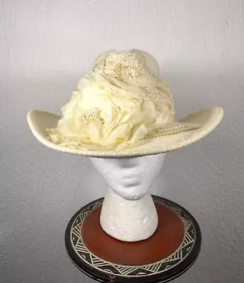 Vintage Sonni San Francisco Cream Wool Hat W/ Pearls & Rhinestones Size Small • $26