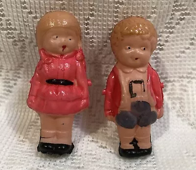 Pair Of Vintage Celluloid Boy & Girl Dolls Molded Hot Pink Tiny 2” Tall • $45